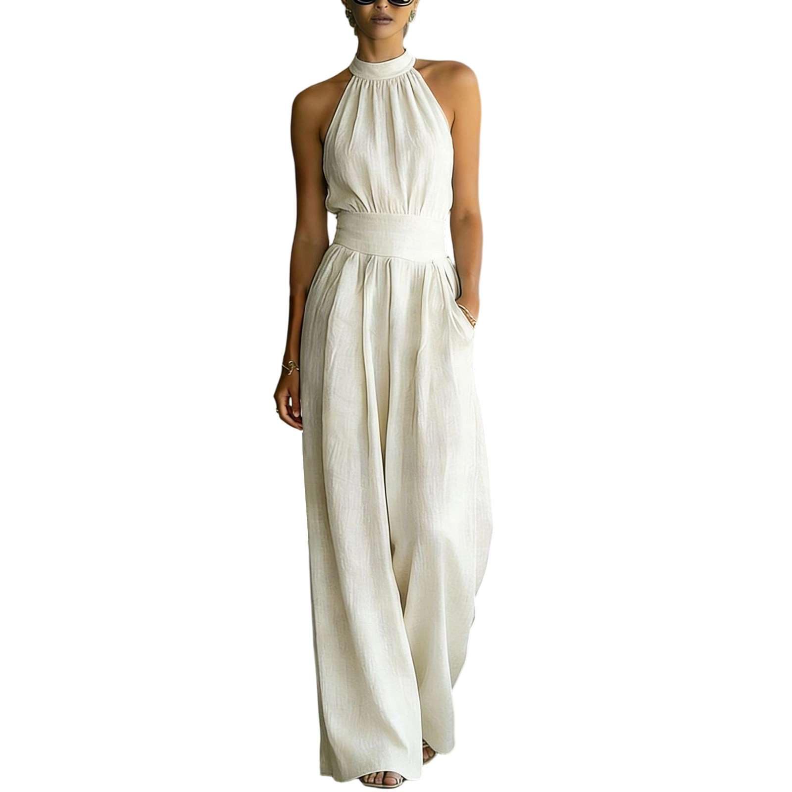 Générique Combinaison Pantalon Femme Chic Sans Manches Col Montant, Taille Haute Plissée et Jambes Larges, Jumpsuit Élégant et Fluide pour Soirée ou Mariage