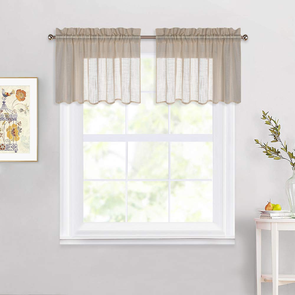 NICETOWN Taupe Kitchen Valances Half Curtains - Pocket Top 18" L Semi Sheer Window Treatment Tiers Linen Blend Texture for Flat Bedroom/Kids Room, 52" Width, Set of 2