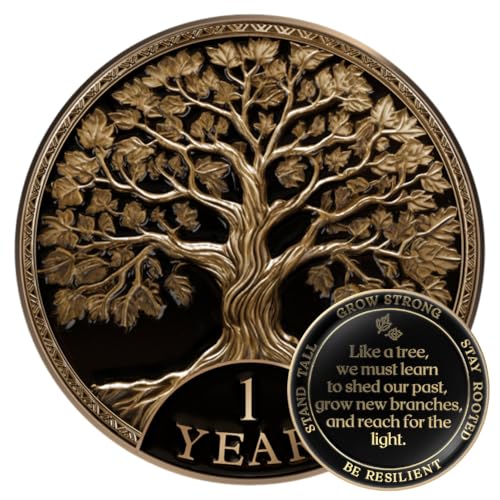 Image of MilestoneMint 1 Year Sobriety Coin Tree of Life Gift Set | Anniversary Sobriety Gifts for Men & Women | AA Coins and Medallions with Token Capsule, Stand & Card | 3D Texture, Recovery AA Chips
