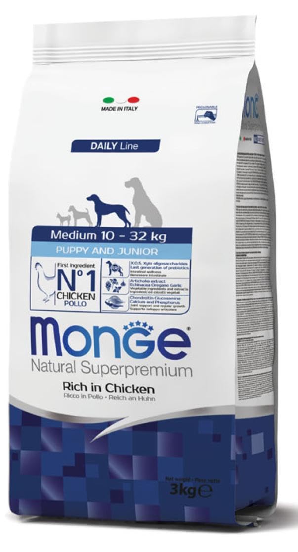 Monge Natural Superpremium Puppy And Junior Rich in Chicken, Cibo per Cani di Tutte Le Razze (Cibo Secco per Cani da 10 a 32 kg, con Pollo, Molto Ricco di Fibre e vitamine, 3 kg)