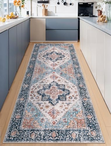 SERISSA Boho Washable Runner Rug, 2x6 Rug Non-Slip Vintage Blue Orange Hallway Kitchen Runner Rug Ultra Soft Print Distressed Tribal Floor Carpet for Bedroom Bathroom Laundry Room