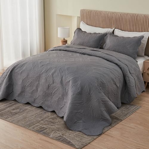 Image of Kingnex Oversized King Bedspreads 128x120 Extra Wide for Tall King or Cal King Bed Ultrasonic Quilted Coverlet Set 3 Piece Include 1 Quilt 2 Pillowcases Dark Grey