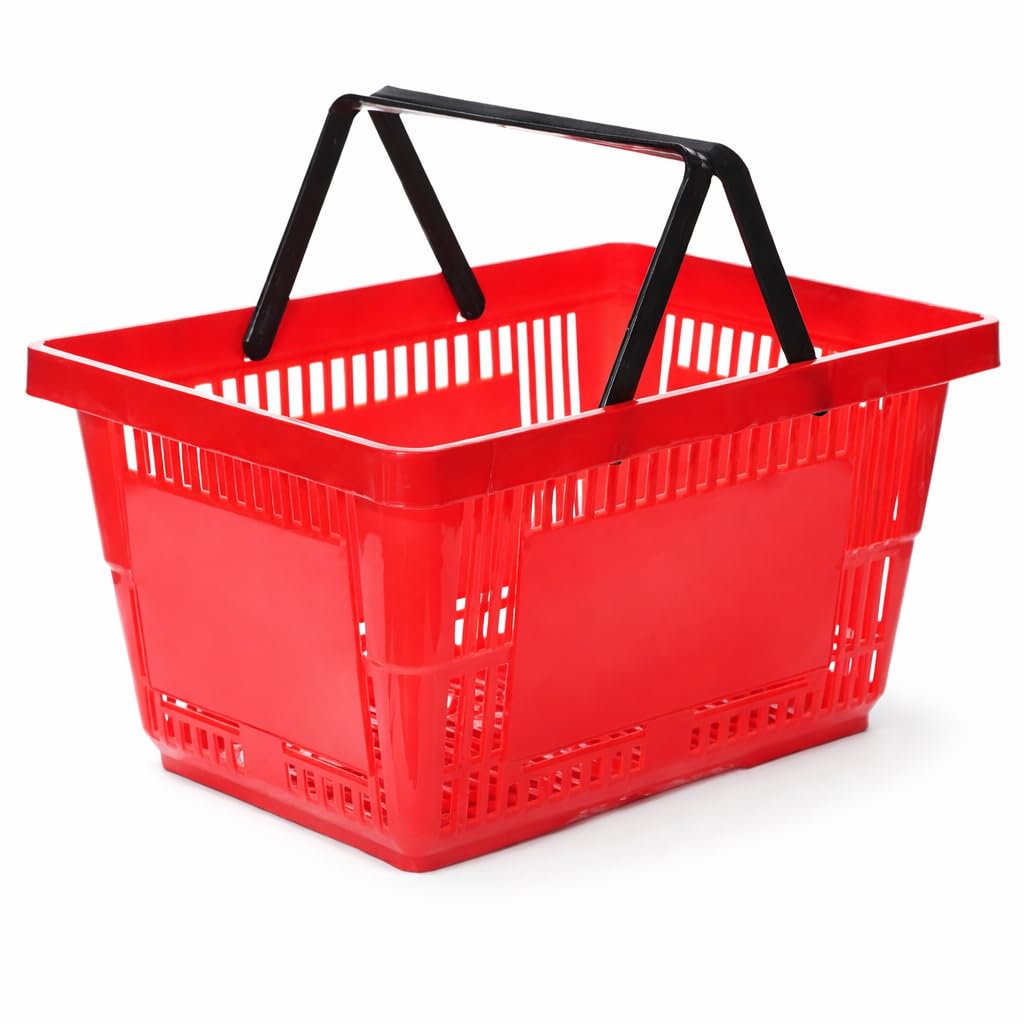5x Red 21 Litre Capacity Plastic Shopping Baskets Shopper Baskets With Handle