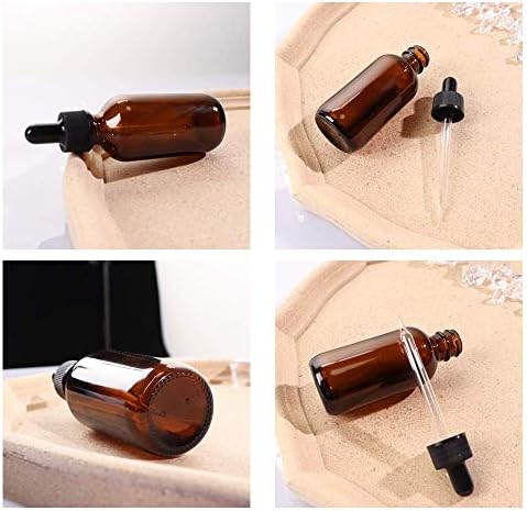 RusseryPek 12PCS 2oz 60ml Amber Glass Bottles with [Glass Pipette Dropper] for Essential Oil Diffuser, Aromatherapy, Chemistry Lab, Perfume (Brush, Droppers, Funnels, Labels, Measuring Cups Included)
