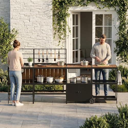 ENSTVER Modular Outdoor Kitchen with All-Aluminum Island & Cabinets Stainless Steel Sink Food-Safe Countertop Outdoor Kitchen Island for Patio Deck Backyard Black