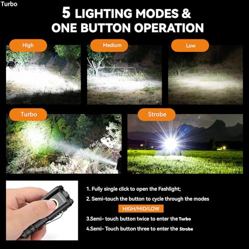 Mini Flashlight 2550 Lumens Rechargeable USB C Charging, Small Flashlights High Lumens 5 Modes, Pocket Light with Clip, Magnetic Flash Light for EDC,Camping, Hiking,Emergency