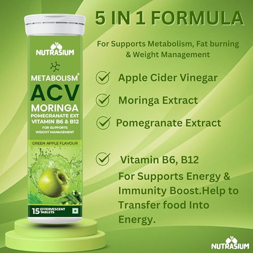 Nutrasium ACV Moringa Metabolism Plus | For Supports Weight Loss, Control Cravings, Convert Fat Into Energy, Boost Energy & Immunity | 75 Tablets Pack of 5X15
