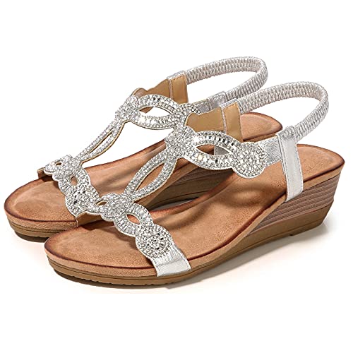 Meeshine Women's Wedge Sandals Summer Comfortable Casual Bohemian Beach Rhinestone Platform Shoes4