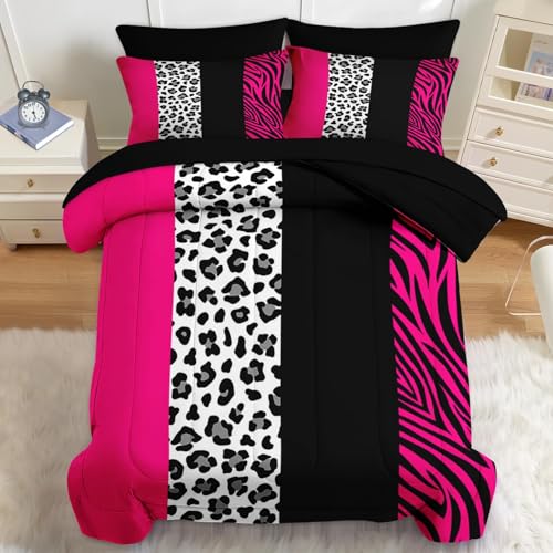 Nesker Comforter Set Queen Size, Leopard Color Block Pink 7 Pcs Bedding for Kids and Adults, Wild Zebra Print Bed Sheet Sets with Fitted Sheet 2 Pillowcases & 2 Shams