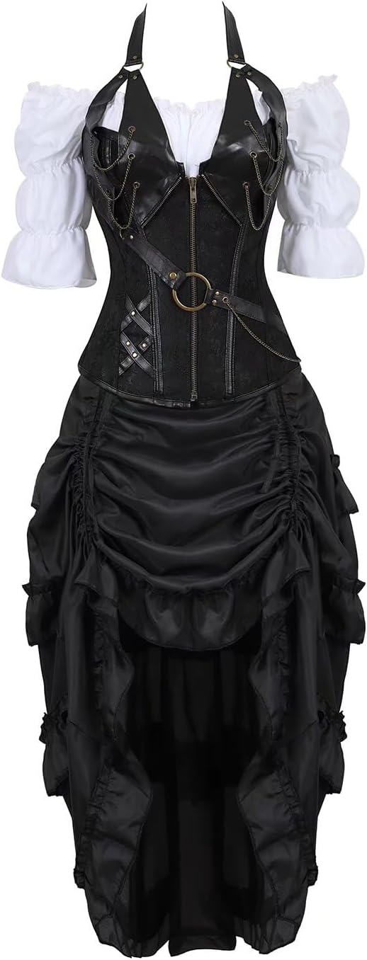 Jutrisujo Corset Dress 3 Piece Skirt Set Costume Pirate Bustier Steampunk Plus Size