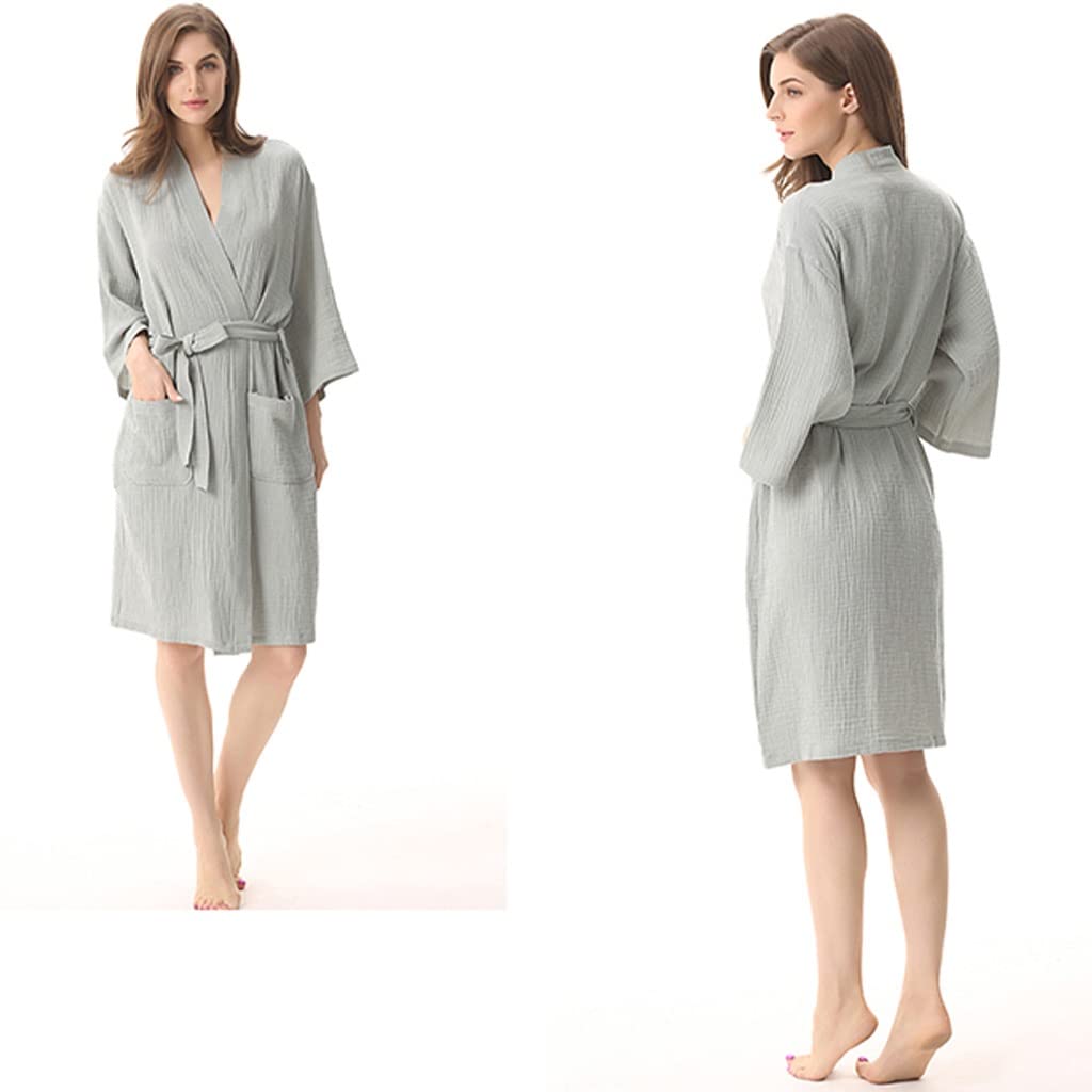 XUEMML Peignoir Femme Coton Kimono Robe ，Peignoir De Bain Femme Ete， Vêtements De Nuit Doux pour Femmes ， Peignoir De Nuit Mince Double Gaze Kimono Japonais Pyjamas (Color : Light Grey, Size : L)