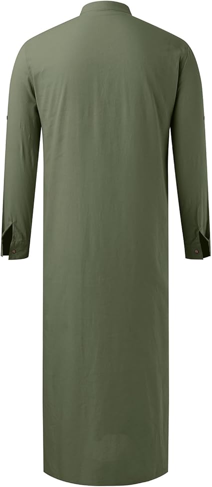 Mannengewaad met knopen en zakken, moslim robe - heren lange mouwen thobe linnen moslim jurken - hals lange mouwen kaftan knoop hoge thobe lange mouwen Saoedi Arabische Dubai robe, blauw, 3XL