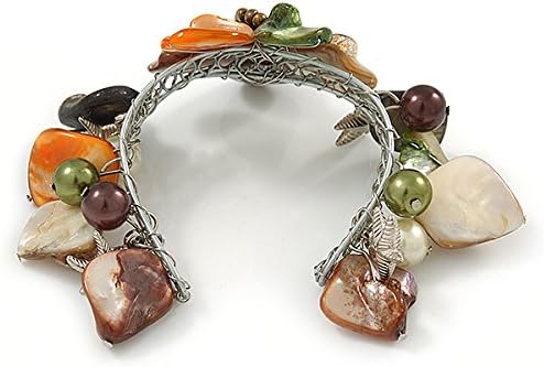 Avalaya Multi Sea Shell, Faux Pearl Bead Floral Cuff Bracelet In Silver Tone - Adjustable, brown, orange, olive - Image 5
