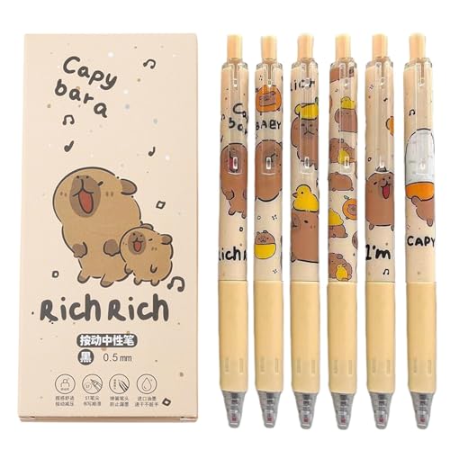 Lápiz Capibara, Bolígrafos Capibara | Bolígrafos Roller Retráctiles de Punta Fina de 0,5 mm, 6 Bolígrafos Estéticos con Mango Suave, Tinta Negro, Bolígrafos con Animales Fantasía para Niñas y Niños