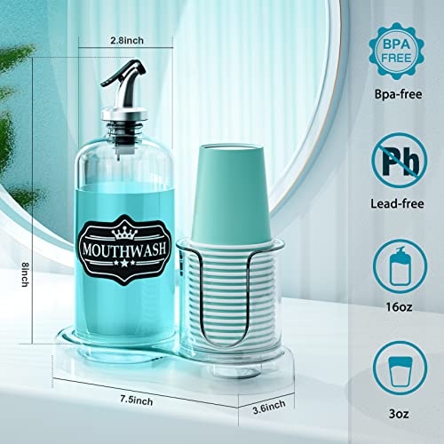Byaway Mouthwash Dispenser For Bathroom With Cup Holder Detchable Glass Mouthwash Container 16 Oz,Refillable Mouth Washer Dispenser For Countertop With Pc Tray,14 Paper Cups,Pour Spout,Funnel & Label #TOP1