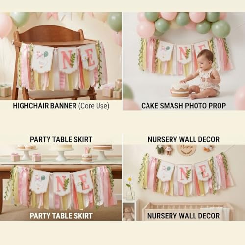 Image of Pre - stung Silly Goose High Chair Banner for Girls1st Birthday - Pink & Gold Baby Girl Cake Smash Cake Smash Props, Premium First Birthday ONE Banner Party Decoration