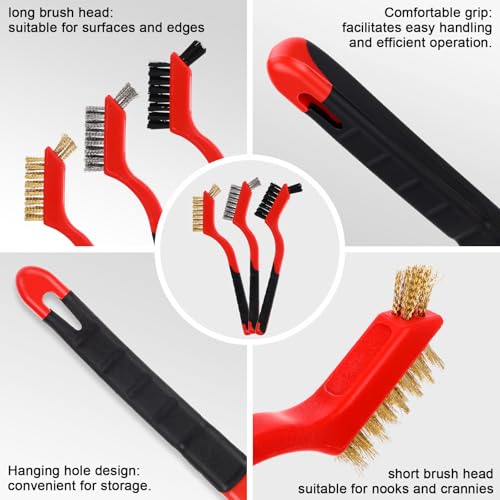Image of Reallnaive 50 Pcs Wire Brushes for Cleaning Rust 7 Inch Brass /Stainless Steel /Nylon Wire Brushes with Curved Handle Grip for Deep Cleaning Small Parts Rust Dirt Paint Scrubbing