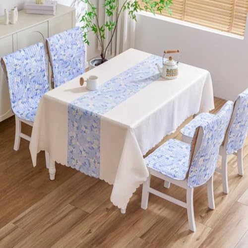 Image of HOMETHREADS Premium Cotton Chair Cover Set | Soft & Comfortable Seat Covers with Anti-Skid Non-Slip Backing + Waterproof Dining Table Cover (150x240 cm) White SkyBlue, 8 Chair Covers + 1 Table Cover