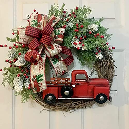 Christmas Wreath for Front Door/Red Truck Christmas Wreath Garland/Wreath Fall Farmhouse/Wreath for Indoor Outdoor Home Door/Christmas Vintage Plaid Bow-Knot Wreath/Christmas Trees Ornaments