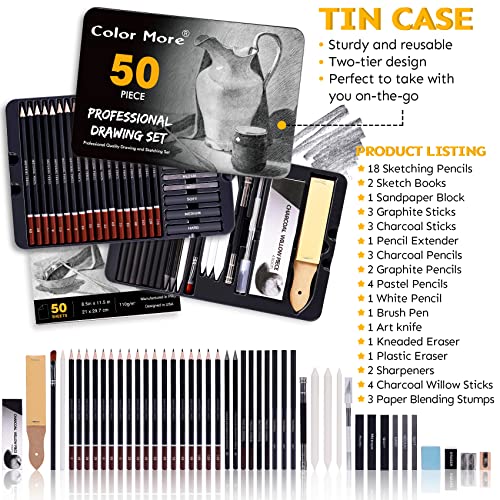 52 Piece Professional Drawing Set with 2 x 50 Sheet Drawing Pad, Graphite Drawing Pencils and Sketch Set, Artist Sketching Tools in Tin Box Includes Charcoals,Pastels and Sharpener,Art Supplies - Thumbnail 2