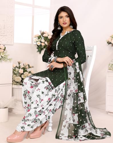 Image of Yashika Women's Printed Dress Material - Unstitched Crepe Fabric Kurti, Pants & Dupatta Suit Set (AZ-YS-P4-ABHILASHA GREEN), Free Size