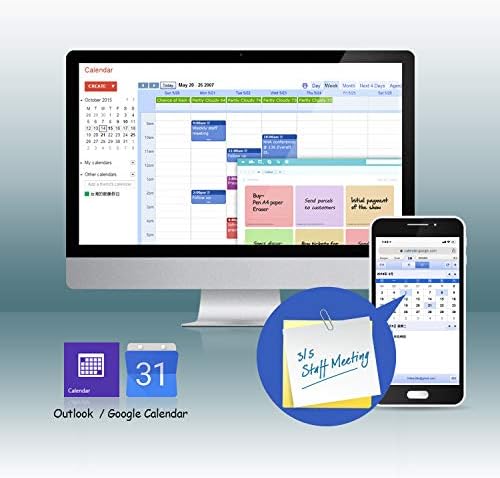 A computer screen showing Outlook/Google Calendar integration with a mobile phone displaying a scheduled memo.