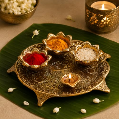 Image of eCraftIndia Golden Metal Swastik Designer Pooja Thali With 3 Bowls And 1 Diya - Traditional Pooja Essential Set For Home, Temple Use - Gift For Family - Suitable For Diwali, Navratri, Pooja Ceremonies
