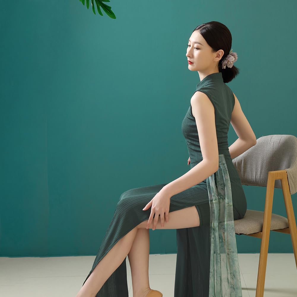 ROYAL SMEELA Cheongsam Sexy Vestiti Cheongsam Senza Maniche Colletto in Piedi Donna Abito Cheongsam Cinese Verde Abiti Qipao Cheongsam Costume Tradizionale Cinese Abito Qipao Lungo Vestito+Qipao