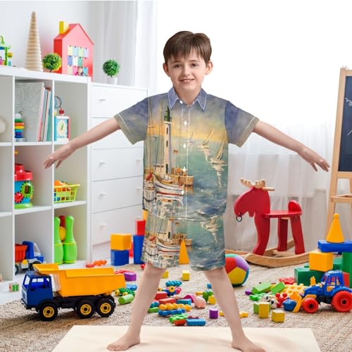 Image of visesunny Funny Boy's 2 Pieces Shirt and Short Set Casual Shirts Short Sleeve Beach Shorts Summer Outfits for 3-10 Years Kids