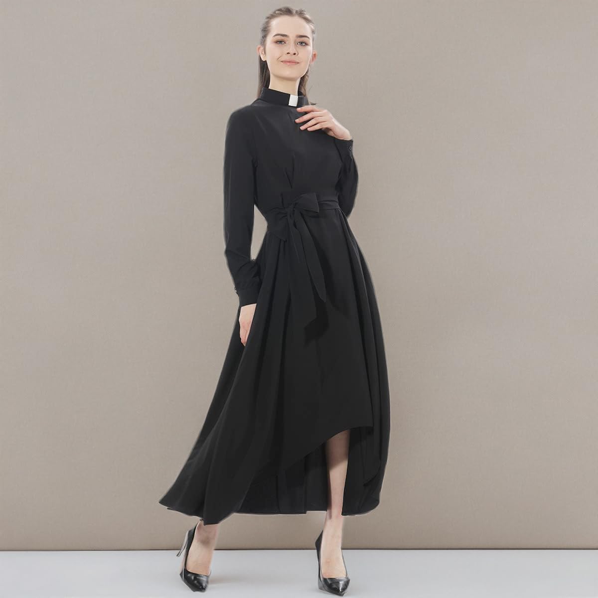 Sukienka kościelna dla kobiet z długim rękawem, luźna, elegancka sukienka maxi dla duchownych z zakładką, kołnierz i paski, Czarny, 5XL