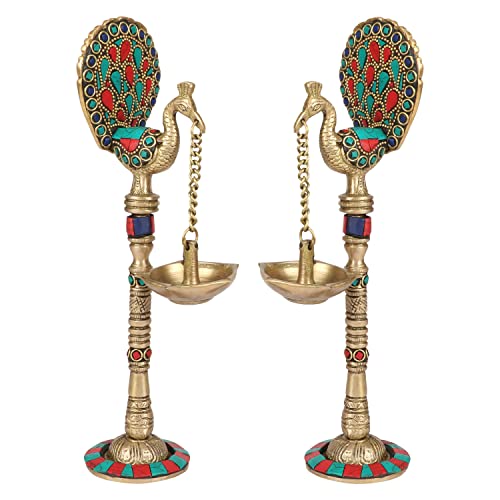 ARTVARKO Brass Pair of Bird Peacock Hanging Chain Diya Oil Lamp Stand, 9 Inches