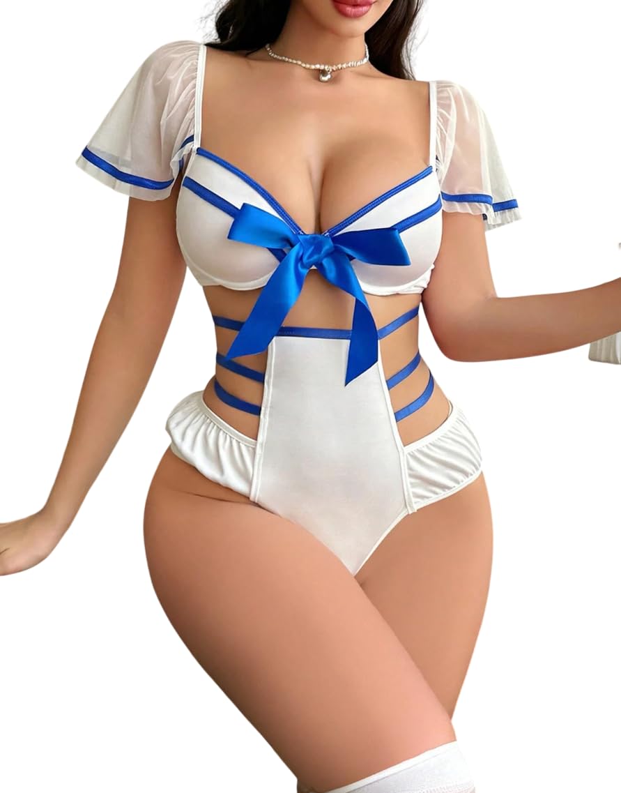 Women’s Sexy Babydoll Lingerie Set White & Blue Bow Teddy Bodysuit with Sheer Sleeves – Deep V Neck Romantic Nightwear for Honeymoon & Valentine-image-20