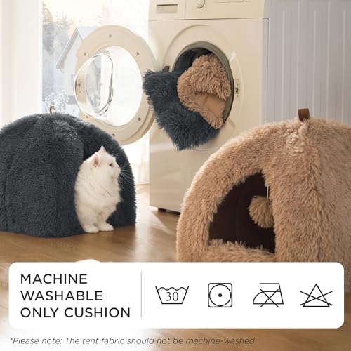 BEDSURE Katzenbett große Katzen Katzenhöhle- 40x40x40 cm Plüsch Katzenhaus Indoor mit abnehmbarem Katzenkissen und hängendem Spielzeug, Katzen Bettchen waschbar, dunkelgrau
