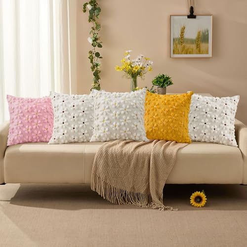Image of DFXSZ Spring Summer Pillow Covers 20x20 inch Set of 2 Pink Daisy | Farmhouse Decor Soft Plush Faux Fur Jacquard Throw Pillow Covers|For Spring Holiday Sofa Home Decor