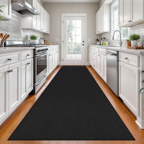 KOZYFLY Long Runners for Hallways 3x12 ft Washable Kitchen Runner Non Slip Rubber Backed Hallway Rugs Cotton Entryway Runner Rug Floor Carpet for Indoor Hall, Backdoor, Kitchen, Black/Dark Grey