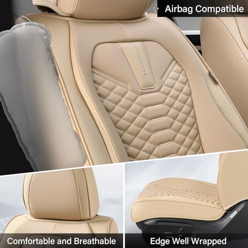Image of Coverado Front Seat Covers, 2 Pieces Universal Seat Cover for Cars, Breathable Nappa Leather Waterproof Car Seat Cover, Car Seat Protector, Driver Seat Cover, Auto Seat Covers Fit for Cars, Beige