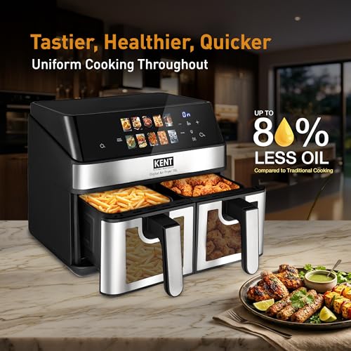 Image of KENT Digital Air Fryer 10L| 2000W | Up to 80% Less Oil Usage | 10 Preset Menu |Digital Display & Touch Control Panel |Glass Window with in built Light | Dual Basket for Cooking 2 Dishes Simultaneously