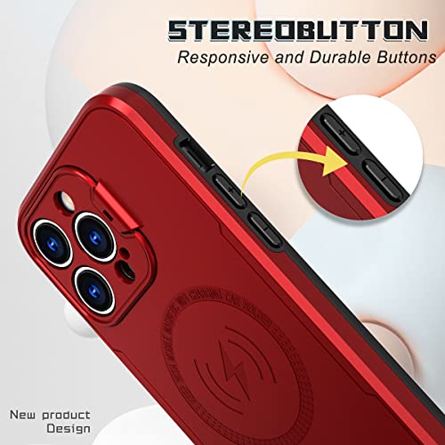 Watefull Magnetic Case For Iphone 14 Pro Max Compatible Magsafe Charger Foldable Kickstand Camera Protector, Glossy Dual Layer Protective Bumper Cover, With 1 Tempered Screen Protector (Red) #TOP6