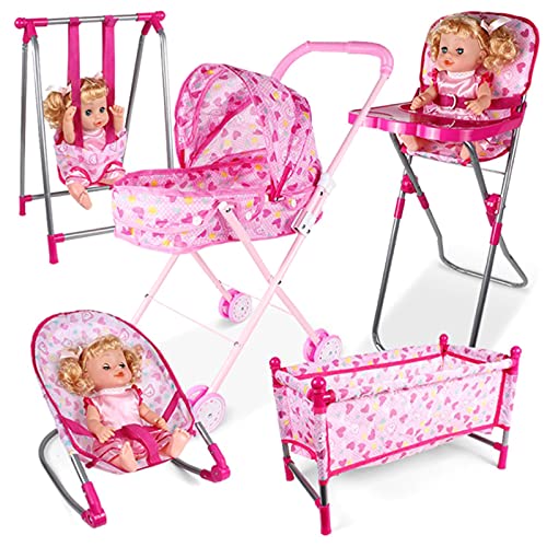 Baby Doll Stroller Sets 5 in 1 Dolls Accessories Bundle Doll Stroller Doll High Chair Bouncer Crib Swing Doll Furniture Nursery Playset Role Pretend Play Toys for Boys Girls above 3 Years (Set of 5)