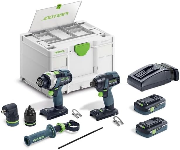 Жакын план view of Festool TID 18 Impact Driver and TPC 18/4 Hammer Drill with accessories