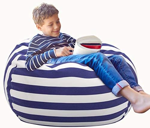 Aubliss Stuffed Animal Storage Bean Bag Chair Cover Only for Plush Toys, Blankets, Large 38"-Canvas Stripes Navy