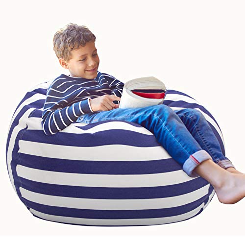 Aubliss Stuffed Animal Storage Bean Bag Chair Cover Only For Plush Toys, Blankets, Large 38"-Canvas Stripes Navy #TOP3