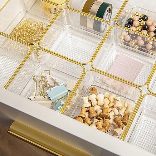 Image of Martha Stewart Kerry Plastic Stackable Office Desk Drawer Organizers, 3 inch x 3 inch, 12 Pack, with Gold Trim
