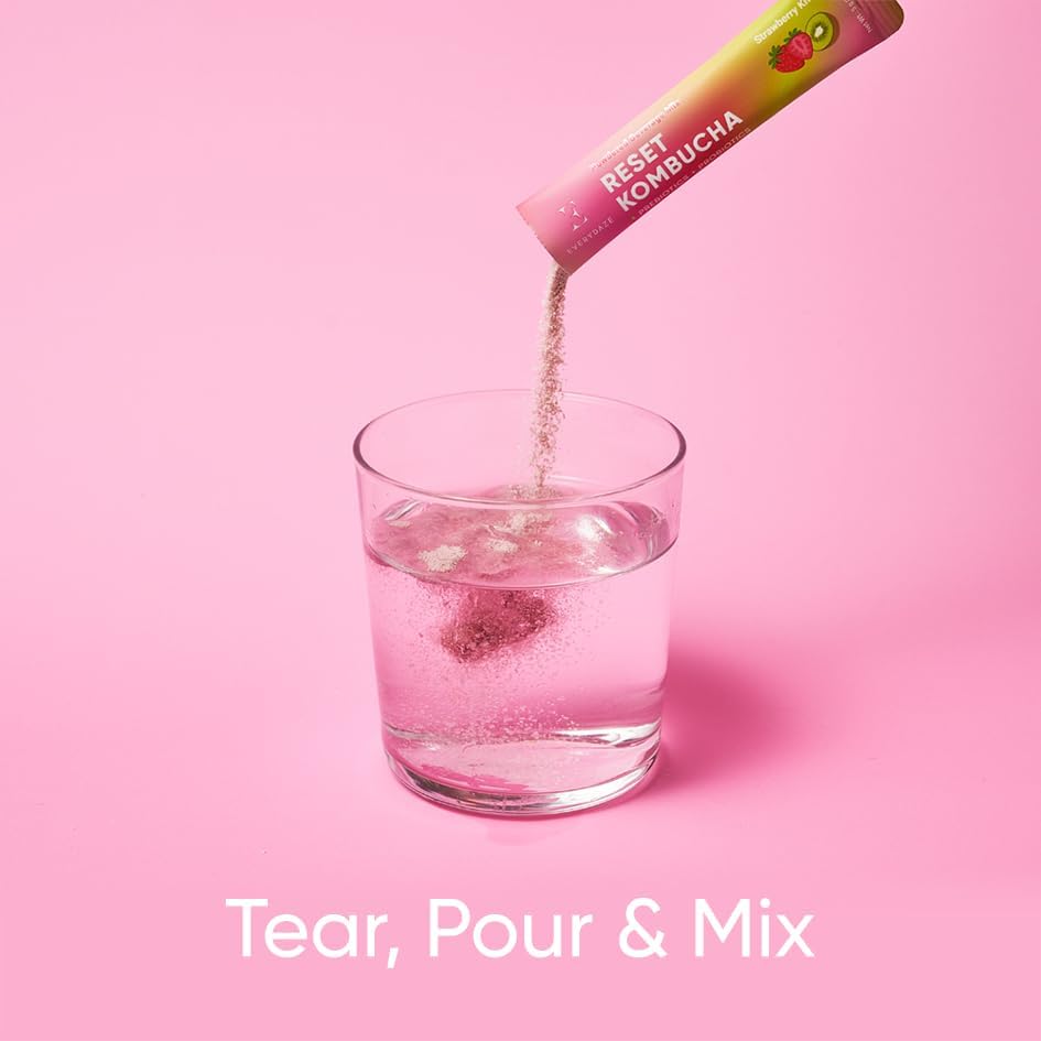 Everydaze BT21 Reset Kombucha Tea Powdered Beverage Mix | 10 Sticks | Prebiotics + Probiotics | Vegan | No Added Sugar, Gluten Free, Sparkling Powder Drink Pack (Peach): Strawberry Kiwi 0.18 Ounce (Pack of 10)