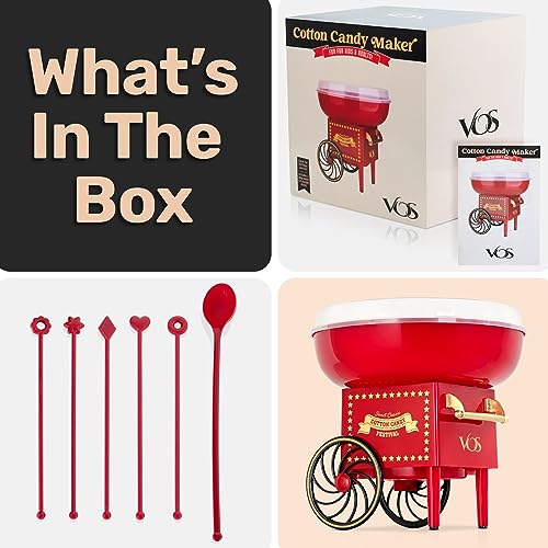 Cotton Candy Machine Kit With 2 Pack of Colorful Sugar - Red Retro Cotton Candy Maker, Effortless Home Sugar Candy Maker Machine with Comprehensive User-Friendly Guide