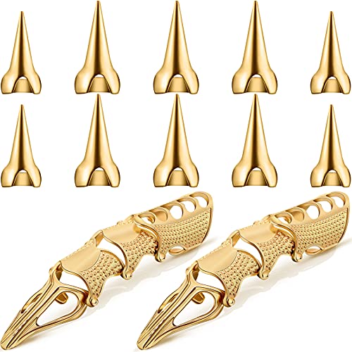12 Pieces Halloween Costume Claws Fake Nail Rings Set Full Finger Armor Knuckle Ring Punk Style Rock Gothic Nail Finger Claw Spike Rings Full Finger Cosplay Rings for Halloween Party (Gold)
