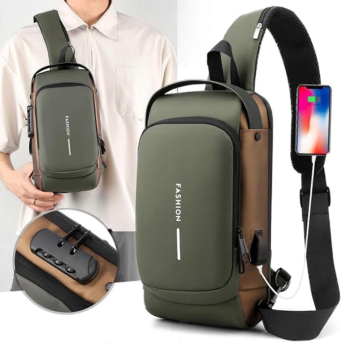 FASTUNBOX (LABEL) Waterproof Polyester Slim Unisex Crossbody Sling Bag Chest Backpack Men's Shoulder Bag, Leisure Travel Handbag, Hard Shell Anti-Theft Chest Bag (Green & Brown) 1