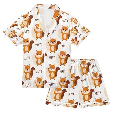 senya Happy Cute Squirrel Satin Summer Pajama Sets Silk Short Sleeve Button Down Sleepwear