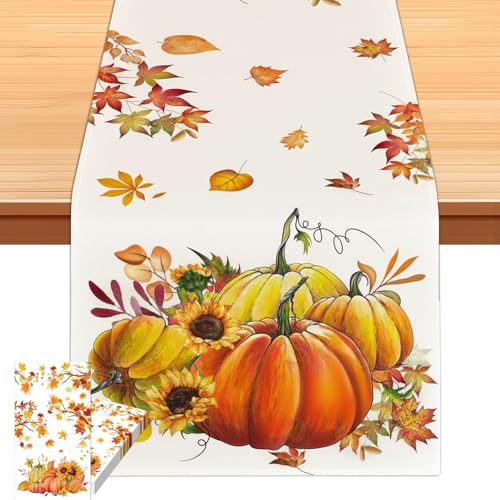 lafo 33x183 cm Tischdecke aus Leinen für ThanksgivingHerbst Tischläufer Set mit Kürbis und Ahornblatt Design Herbstdeko Tischdeko für Party Zuhause Outdoor Inklusive 20 Blatt Servietten