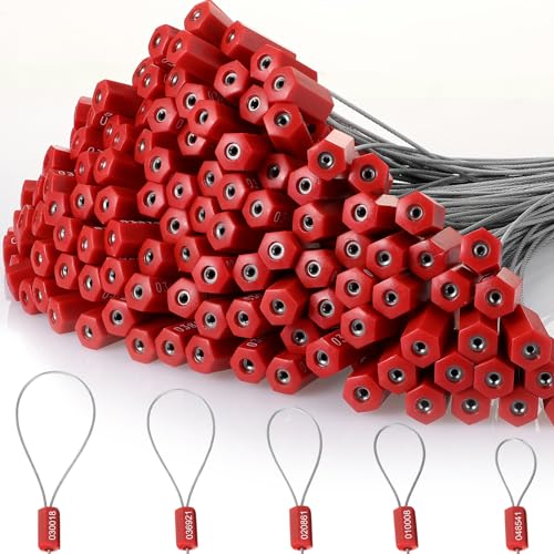 NAZOU Security Cable Seals11.8 Inch Numbered Security Tags Tamper Steel Seal,for Truck?Trailer,Cargo, Containers, Oil Tank, Fire Extinguisher Tag, Cable Seals?Red 100Pcs?